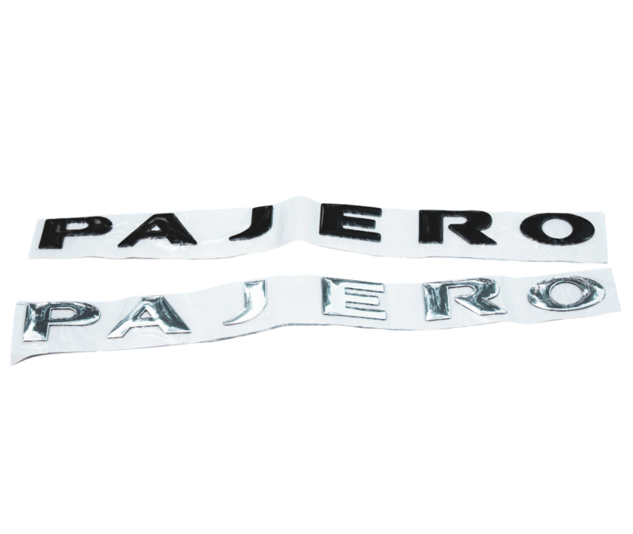 Close-up of Mitsubishi Pajero chrome and black stickers, showing premium material quality.